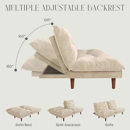 Futon Sofa Bed, 69'' Futon Couch with Adjustable Backrest, Folding Sleeper Recliner, Corduroy Convertible Sleeper Sofa Bed for Apartment, Living Room, Office, Beige3