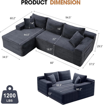 94.5" L-Shaped Minimalist Boneless Sofa for Living Room (Dark Grey, Left)3