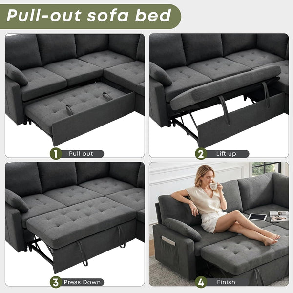 105" U-Shape Sleeper Sofa with Storage, Large 7-Seat Modular Sectional with Removable Covers, Pull-Out Couch Bed for Living Room, Dark Grey6