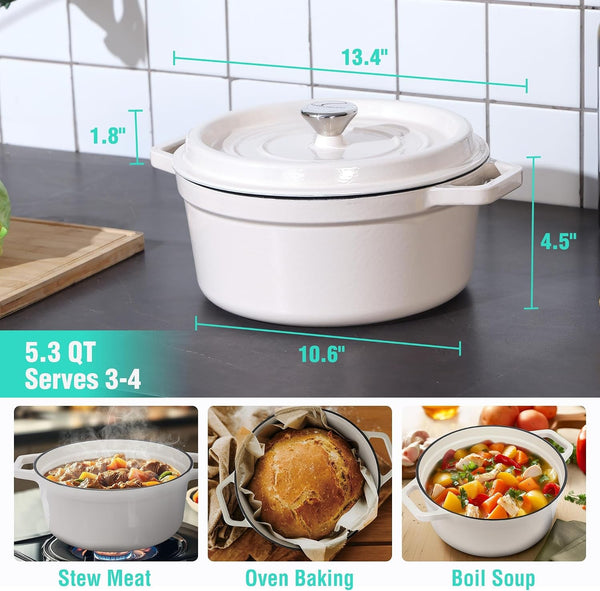 5.3QT Cast Iron Dutch Oven, Non-Stick Pot with Lid | Fit for Sourdough Bread Baking, Stewing, Rosting, White6