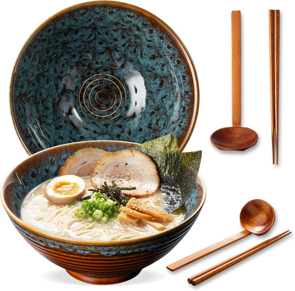8 Inch Ceramic Ramen Bowl Set of 2, 40Oz Japanese Bowls with Spoons & Chopsticks,Durable,Microwave & Dishwasher Safe,Perfect for Ramen,Pho,Salad,Soup,Noodles，Mixing Bowls（Verdigris Green）1