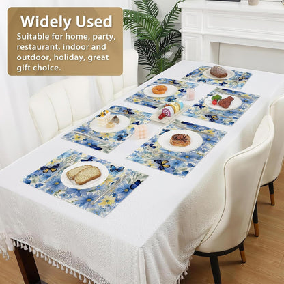 Blue Butterflies Placemats Set of 6,12X18 Inch Table Mats for Flowers Kitchen Table Washable Farmhouse Linen Table Mats Dining Decoration6