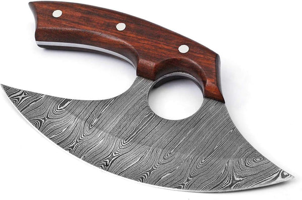 Handmade Damascus Steel Ulu Knife - Fixed Blade Knife for Chopping Boning Slicing Cutting ,Solid Rose Wood Handle with Leather Sheath, Wood,Steel2
