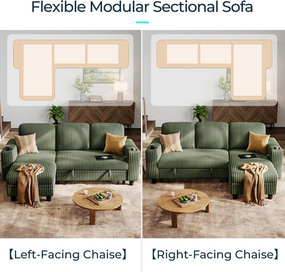 Sectional Sleeper Sofa Couch with Storage Chaise & USB Charging, Plush Corduroy Convertible Pullout Sofa Bed, Modular Sectional Couches for Living Room Bedroom (Green, 81'' L-Shaped Sofa)3
