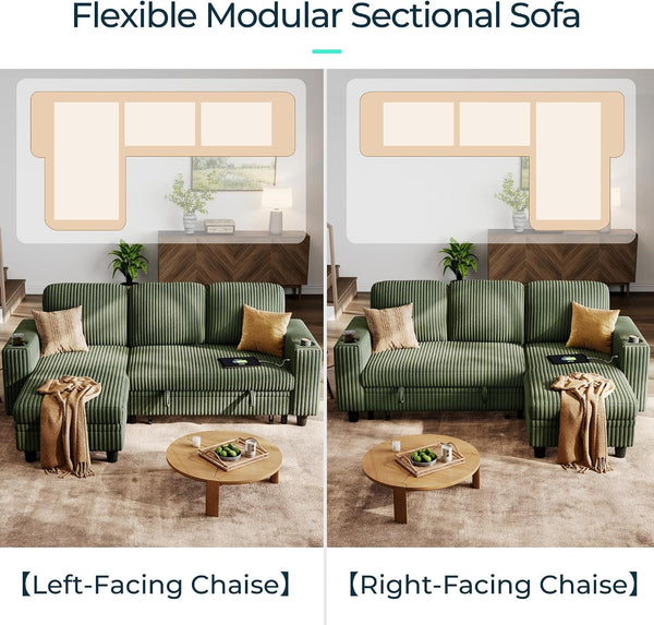 Sectional Sleeper Sofa Couch with Storage Chaise & USB Charging, Plush Corduroy Convertible Pullout Sofa Bed, Modular Sectional Couches for Living Room Bedroom (Green, 81'' L-Shaped Sofa)3