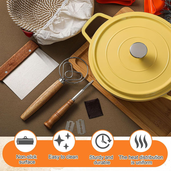 7 Pack Sourdough Bread Baking Supplies Kit Includes Dutch Oven for Bread Baking 5Qt Pan Pot, Bread Proofing Basket, Scoring Lame, Dough Whisk4