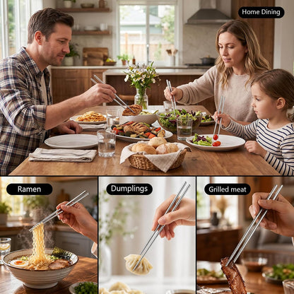 6 Pairs 304 Stainless Steel Reusable Chopsticks, Silver | Non-Slip Tips, Dishwasher Safe & Lightweight, for Sushi, Ramen, Noodles, Rice & Asian Cuisine, Premium Gift Set, Food Grade6