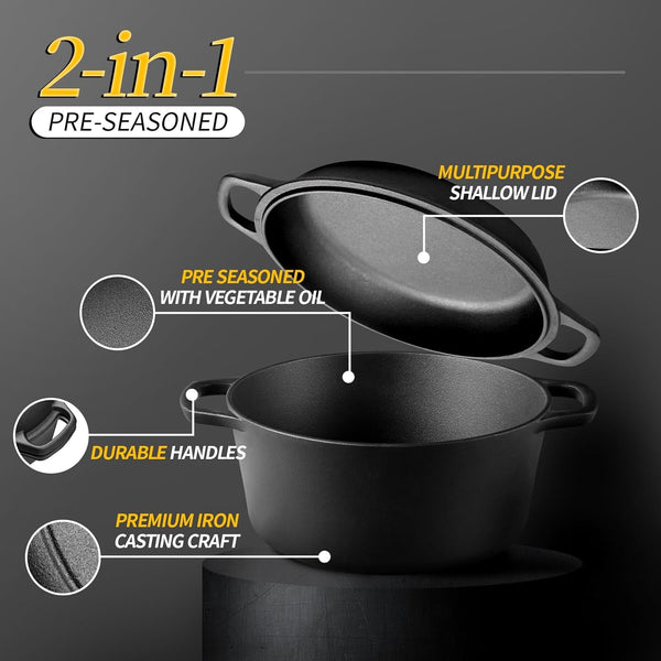 2-In-1 Pre-Seasoned Cast Iron Dutch Oven Pot with Skillet Lid Cooking Pan, Cast Iron Skillet Cookware Pan Set with Dual Handles, Indoor Outdoor for Bread/Frying/Baking/Camping/Bbq, 5 Qt2