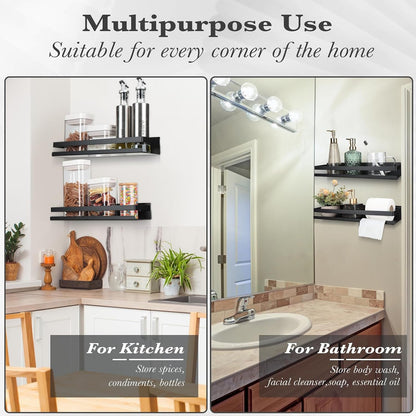 2 Pieces Stainless Steel Shelf Bathroom Shower Floating Shelves Wall Mounted Shower Caddy Basket Shelf Storage Organizer Shelves for Bathroom, Kitchen, Living Room(15.75 Inch/ 40 Cm,Black)6