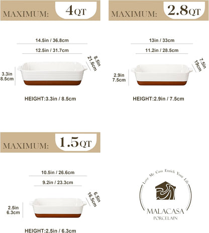 Casserole Dishes for Oven, Ceramic Baking Dishes Set of 3, Baking Pan Casserole Dish Set, Rectangular Lasagna Pan Deep with Handles for Baking, Khaki White (14.5''/13''/10.5''), Series TARA2