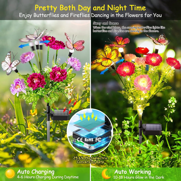 Solar Garden Lights, 6 Pack Swaying Solar Lights with 18 Butterflies & 42 Blooming Flowers, Solar Flowers Lights Outdoor Waterproof, Solar Outdoor Lights for Yard Patio Garden Decor, Gift2