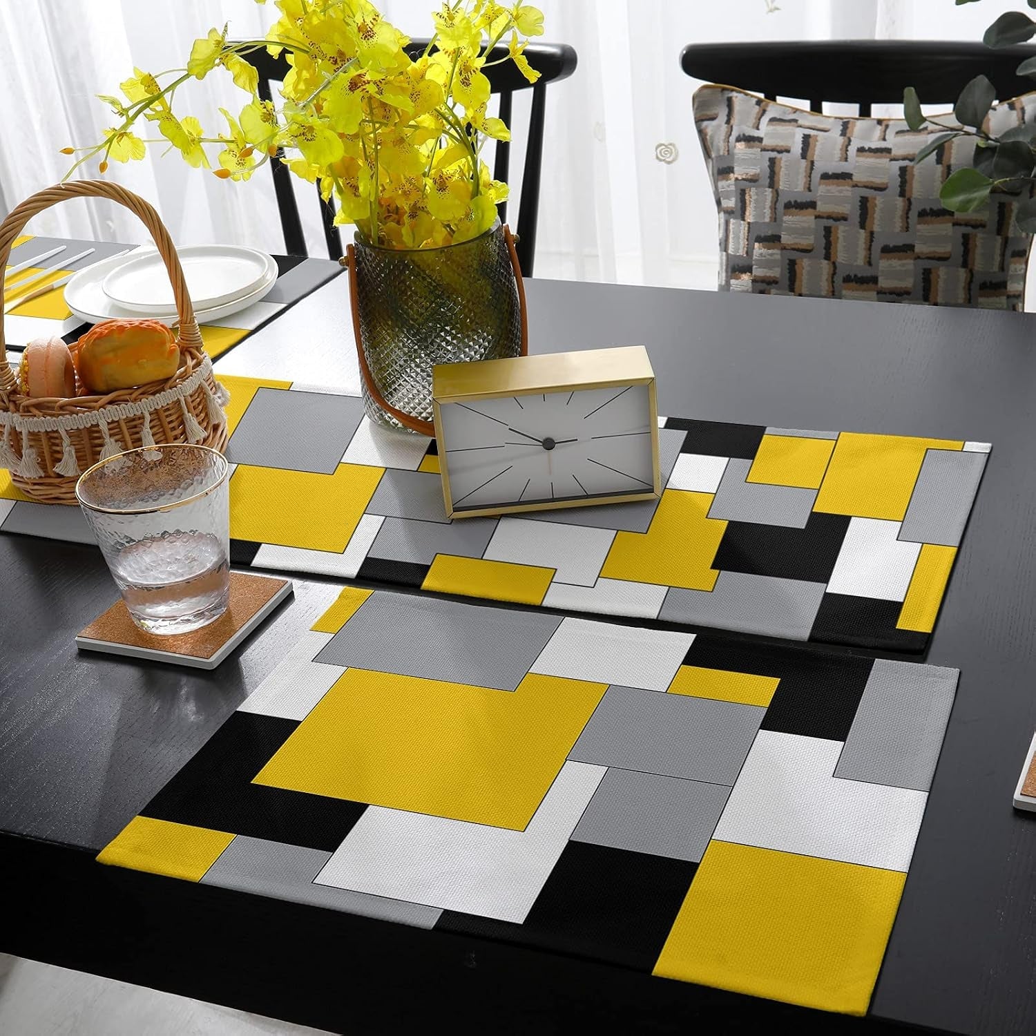table-runner-with-placemats-set-of-6-yellow-grey-black-splicing-color-block-cotton-linen-kitchen-dining-mats-non-slip-table-cover-13x70-table-mats-set-for-dresser-dining-table-abstract-modern-art