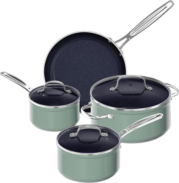 7Pc Cookware Set Healthy Duralon Blue Ceramic Nonstick Coated | Diamond Infused Scratch-Resistant, PFAS Free, Oven Safe, Induction Ready, Evenly Heats, Tempered Glass Lids, Stay-Cool Handle1