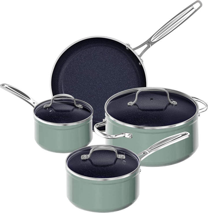 7Pc Cookware Set Healthy Duralon Blue Ceramic Nonstick Coated | Diamond Infused Scratch-Resistant, PFAS Free, Oven Safe, Induction Ready, Evenly Heats, Tempered Glass Lids, Stay-Cool Handle