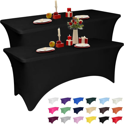 2 Pack 4 Feet Black Spandex Tablecloth for Rectangular Tables, Fitted & Stretch, Washable, Wrinkle Resistant, Perfect for Event, Wedding, Party, Banquet, Cocktail, Festival, and Table Protector1