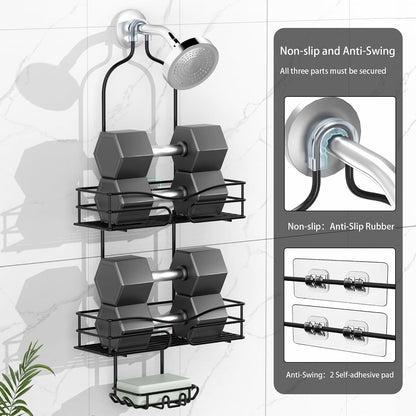 Bathroom Shower Caddy Hanging - 3-Tier Organizer with Soap Holder & 6 Hooks for Towels, Sponge; Fits 21Mm Shower Head Arm, Black4