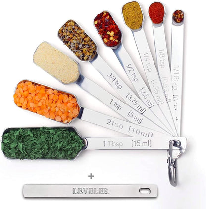 9Pc Stainless Steel Measuring Spoon Set with Leveler - Durable and Rust-Proof - Chrome-Plated, Narrow Rectangular Spoons with Long Handles - Accurate Measurements1