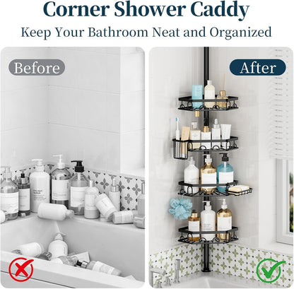 Shower Caddy Tension Pole - 4 Tier Corner Shower Shelves with Brush & Soap Holder, 304 Stainless Steel Rustproof Adjustable Organizer Rack for Bathtub, Bathroom, 27.6-108.3 Inch, Black2