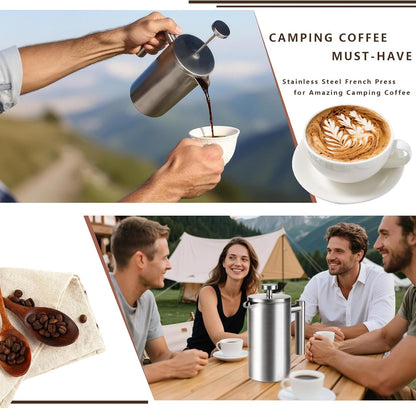 French Press 34 Oz, Full Stainless Steel French Press Coffee Maker 4 Cups | Upgraded Double-Walled Insulated French Coffee Presses, Food Grade Good for Kitchen Camping, Dishwasher Safe 2 More Filters5