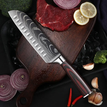 Meat Cleaver,Cleaver Knife, 7 Inch Santoku Knife Laser Damascus Pattern Sharp Blade Wood Handle Cooking Tool 50 HCR Hardness Professional Kitchen Tools1