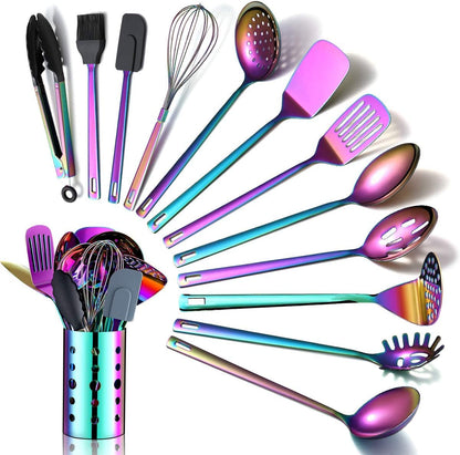 Rainbow Kitchen Utensils Set,13 Pieces Stainless Steel Cooking Utensils Set with Titanium Rainbow Plating,Kitchen Tools Set with Utensil Holder for Non-Stick Cookware Dishwasher Safe (13 Packs)1