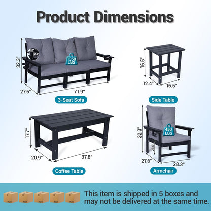 7-Piece HDPE Patio Conversation Set W/ 4 Cup Holders, All-Weather Outdoor Sectional Furniture, Thick Washable Cushions, Coffee Table & Side Table for Backyard Porch Poolside, Black2