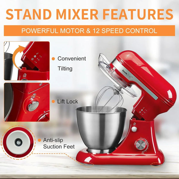 4.8QT 12-Speed Electric Stand Mixer for Home (Red) | Food Mixer with Stainless Steel Bowl, Whisk & Beater for Home Baking, Kitchen Mixer for Kneading Dough, Whipping Cream3