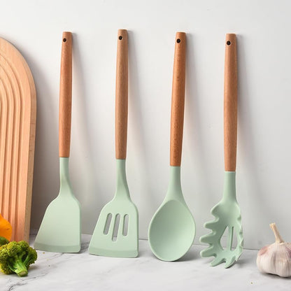 Caboh Silicone Kitchen Utensil Set 12 PCS – Heat Resistant Cooking Tools with Spatula, Serving Spoon, Tongs, Whisk & Holder, Nonstick Safe Bpa-Free Kitchen Accessories Set (Light Green)4