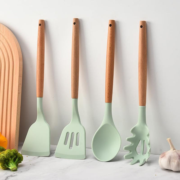 Caboh Silicone Kitchen Utensil Set 12 PCS – Heat Resistant Cooking Tools with Spatula, Serving Spoon, Tongs, Whisk & Holder, Nonstick Safe Bpa-Free Kitchen Accessories Set (Light Green)4