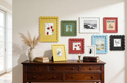 Scalloped 8X10 Picture Frame, Real Glass Wood Frame with Reversible Mat for 5X7/6X8 Prints, Wavy Edge for Wall or Tabletop, Decorative Photo Frame, Yellow9