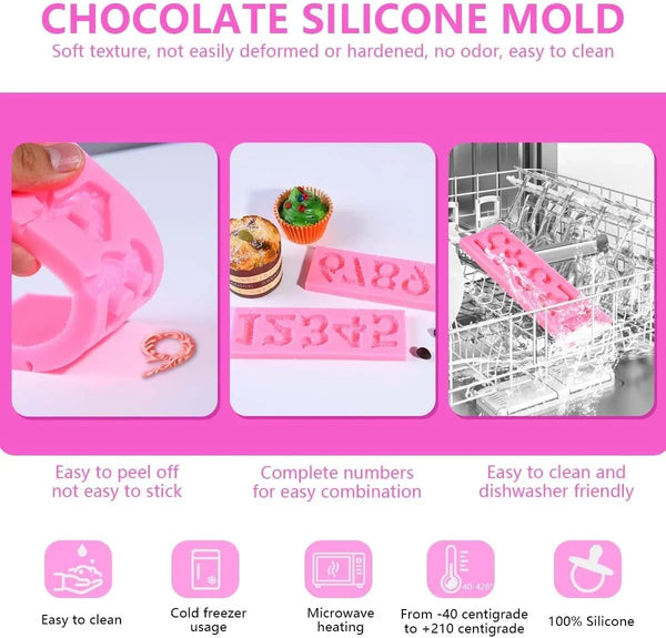 Silicone Number 0-9 3D Embossed Fondant Chocolate Mold with Stick Hole for Birthday Cake Decorating DIY Baking3