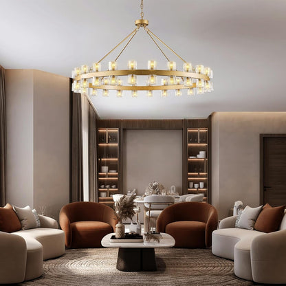 48 Inch Gold Wagon Wheel Chandelier with Crystal Shade, 48 Lights, Large round Modern Farmhouse Style, Perfect for High Ceiling, Dining Room, Kitchen, Entryways, Foyer8