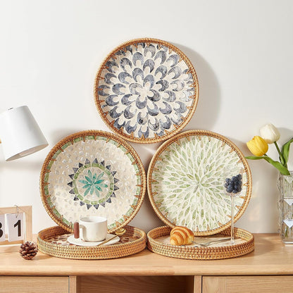 Round Rattan Tray with Mother of Pearl Inlay, Rattan Serving Tray with Wooden Base, Decorative Wicker Basket for Table Decor, Storage and Display of Coffee Bread Food Fruit (Leaf)4