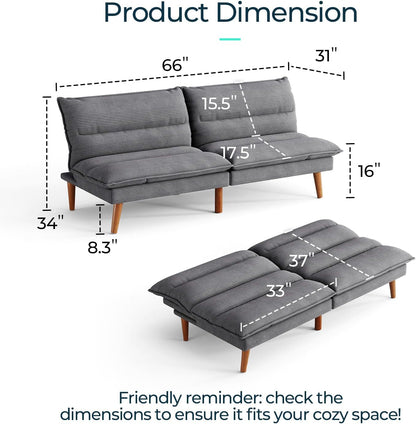 66" Futon Sofa Bed, Corduroy Futon Couch with 3-Position Adjustable Backrest, Convertible Sofa Bed Loveseat, Small Couches for Small Spaces, Living Room, Office, Guest Room (Grey)2