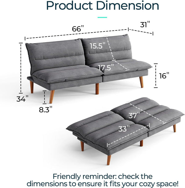 66" Futon Sofa Bed, Corduroy Futon Couch with 3-Position Adjustable Backrest, Convertible Sofa Bed Loveseat, Small Couches for Small Spaces, Living Room, Office, Guest Room (Grey)2