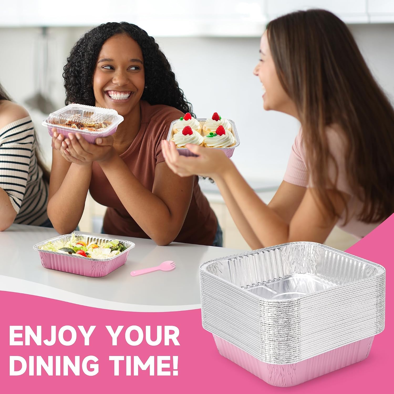 35-packpink-8x8-inch-disposable-aluminum-foil-pans-square-cake-pans-for-parties-clear-plastic-lids-eco-friendly-baking-trays-with-stickers-cake-spoons-picnics-casseroles-takeout-recyclable-cookware