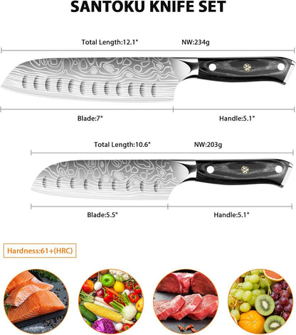 Kitchen Knife Set, 5.5In+7In Santoku Knives, High-Carbon German EN1.4116 Stainless Steel, Sharp Cooking Knives, Kitchen Knifes and Knife Sharpener, Finger Protection Gift Box4
