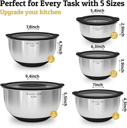 Mixing Bowls with Lids Set - Non-Slip, Airtight Warp-Proof TPR-AS Lids, Thicker Stainless Steel Bowls, Measurement Lines & 3 Graters, Prep Meal Bowl, Black Nesting Bowl for Kitchen, 5/3/2/1.5/0.63QT4