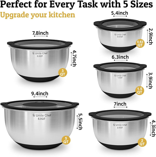 Mixing Bowls with Lids Set - Non-Slip, Airtight Warp-Proof TPR-AS Lids, Thicker Stainless Steel Bowls, Measurement Lines & 3 Graters, Prep Meal Bowl, Black Nesting Bowl for Kitchen, 5/3/2/1.5/0.63QT4