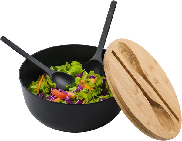 Bamboo Fiber Salad Bowl with Servers Set Large 9.8 Inches Nature Bamboo Mixing Bowl with Servers with Lid Spoon and Fork for Fruits,Salads and Vegetables4
