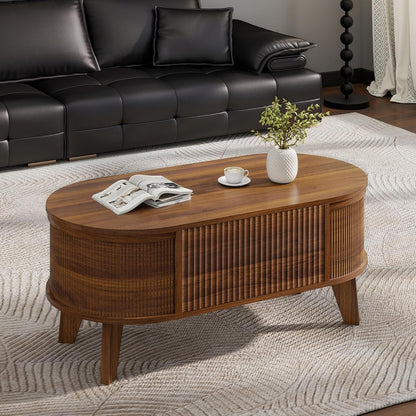 43.3'' Fluted Lift Top Coffee Table with Storage,Modern Oval Coffee Table for Living Room or Home Office（Walnut）6