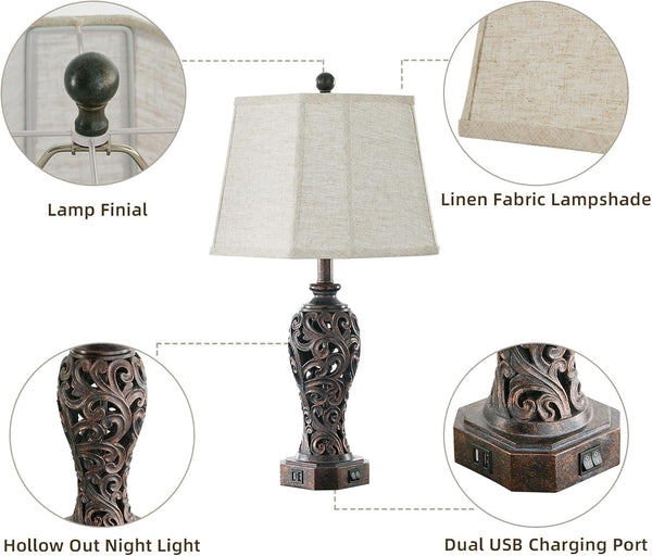 Set of 2 Farmhouse Table Lamps for Living Room with USB C+A Ports5