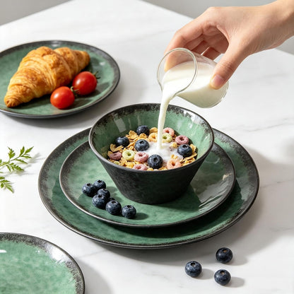 Melamine Dinnerware Sets for 4, 12 Pcs Plates and Bowls Set, Green2