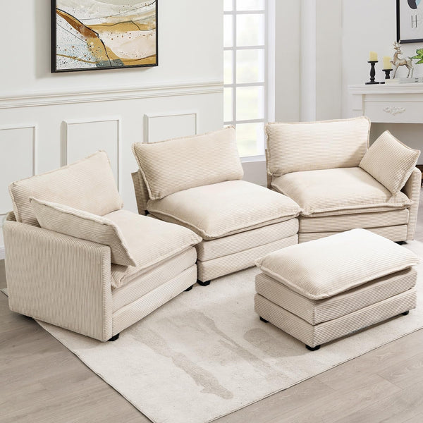112'' Modular Sectional Cloud Couch with Movable Ottoman, 4 Seat Modern Corduroy Sofa, Deep Seat L Shaped Couch for Living Room Bedroom Apartment, Beige3