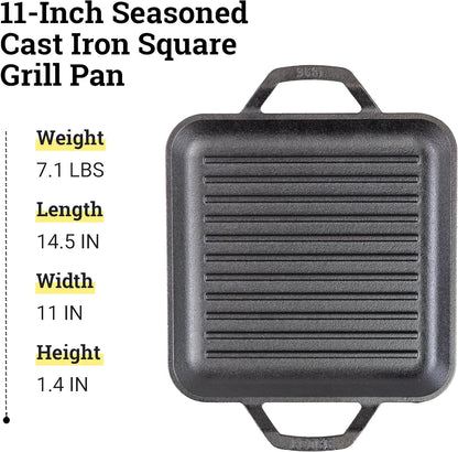 11" Cast Iron Square Grill Pan - Chef Collection - Pre-Seasoned Cast Iron Pan - Versatile Cooking - Indoor & Outdoor Use - Incredible Heat Retention7