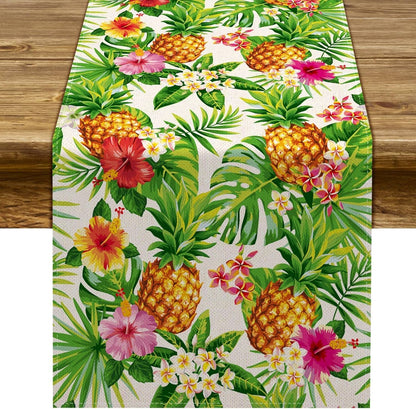 Linen Summer Pineapple Table Runner Tropical Hawaiian Luau Indoor Outdoor Party Table Cover Decoration Home Kitchen Dining Room (13" X 72")1