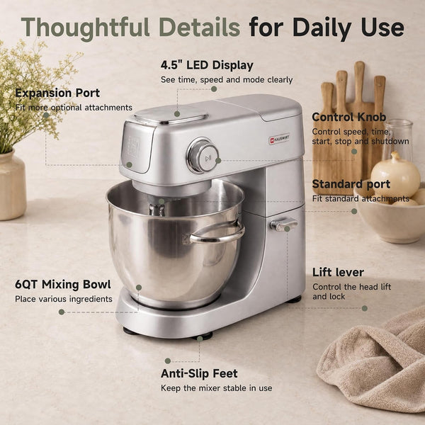 Stand Mixer 6QT XL Large, 4.5" LED Touch Screen Electric Household Stand up Mixer, Full Metal Structure Standing Mixer 11-Speed, Dough Cake Bread Mixer – Silver7