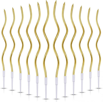 12 Pieces Gold Spiral Birthday Candles, Long Thin Metallic Twisted Cake Candles with Holders, Cake Toppers for Birthday Wedding Decorations, Anniversary and Parties1