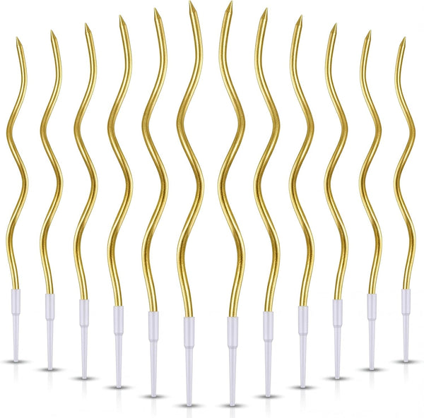 12 Pieces Gold Spiral Birthday Candles, Long Thin Metallic Twisted Cake Candles with Holders, Cake Toppers for Birthday Wedding Decorations, Anniversary and Parties1