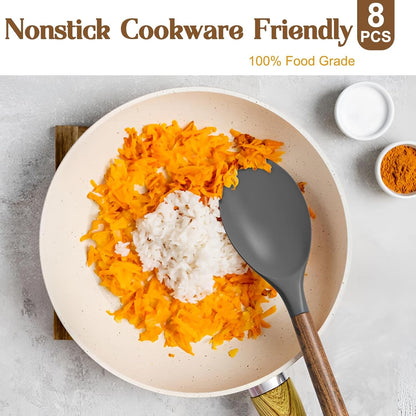 Silicone Cooking Utensil Set, 8-Piece Kitchen Utensils Set with Natural Acacia Wooden Handles,Food-Grade-Silicone Kitchen Gadgets and Spatula Set for Nonstick Cookware - Grey4